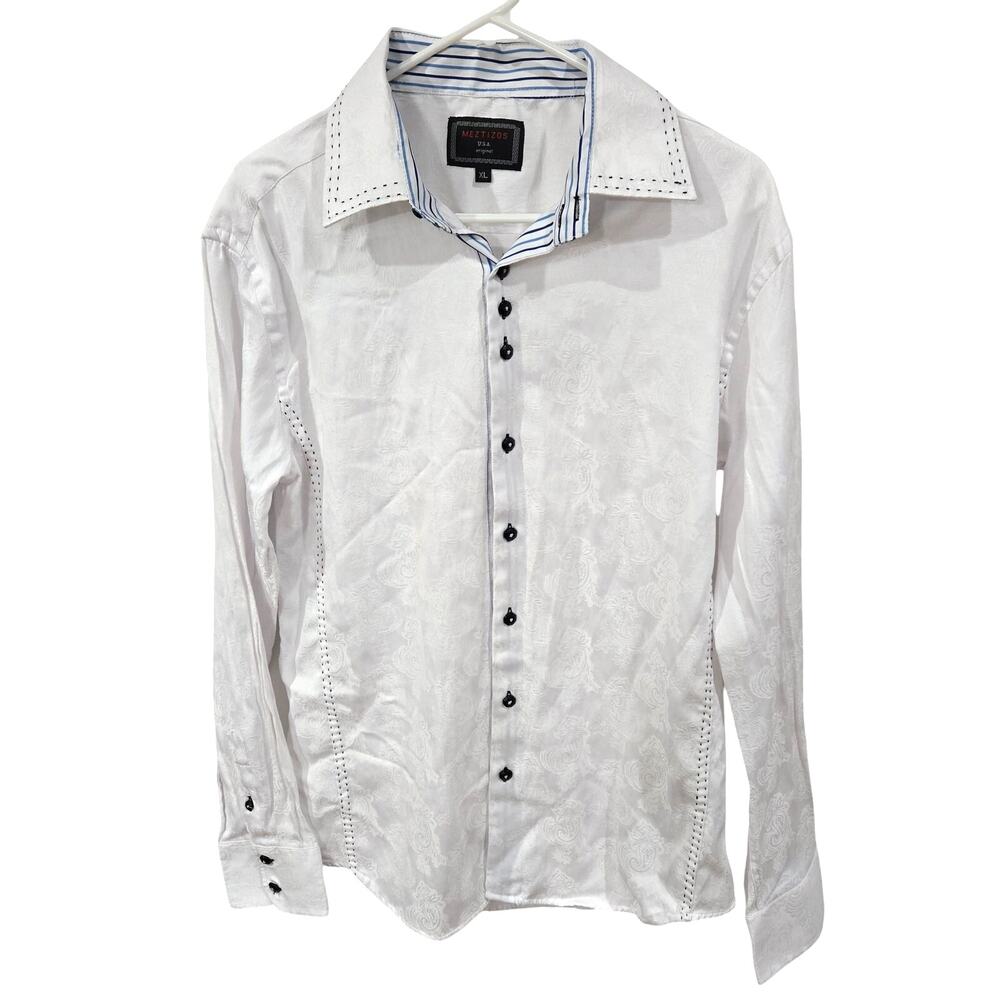 Meztizos XL Men Western White Blue Floral Long Sleeve Button Down French Cuff